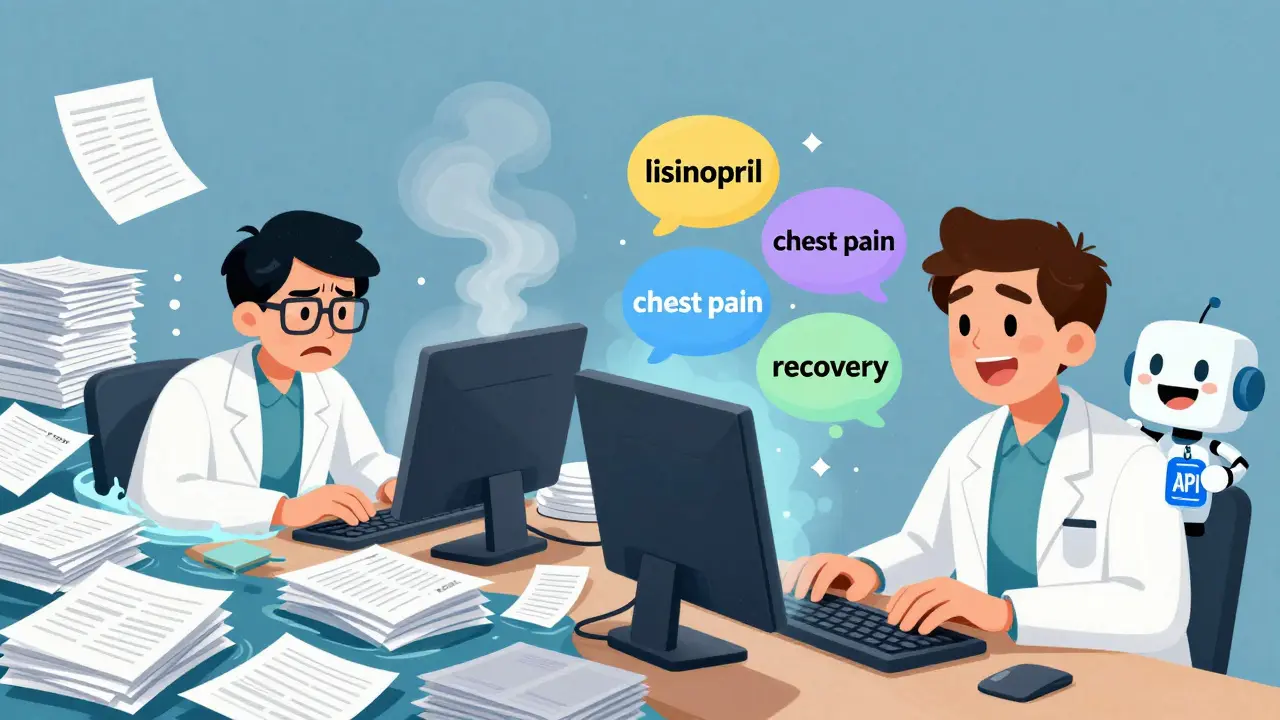 Frustrated researcher surrounded by paper chaos vs. calm digital data streams from OpenFDA API.