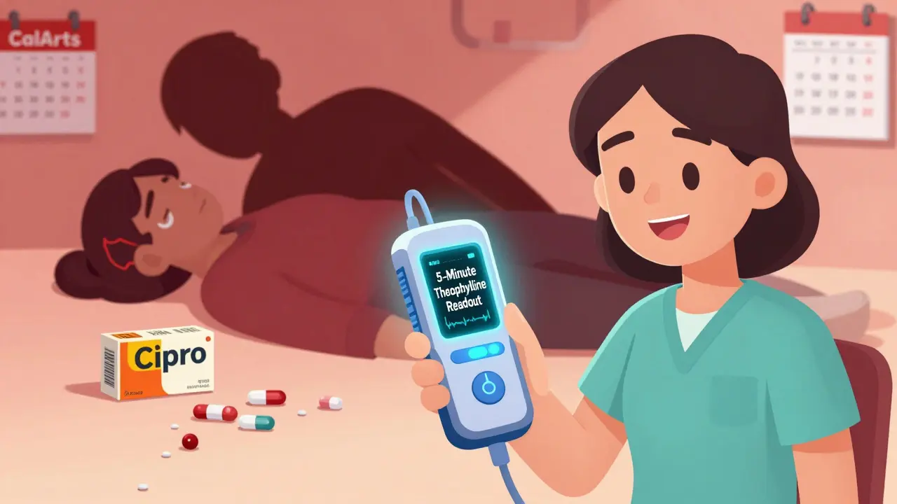 Futuristic device giving quick theophylline result while shadowy figure collapses from unmonitored toxicity.