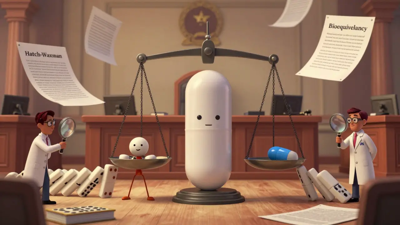 Generic and brand pills balanced on a bioequivalence scale in a courtroom scene
