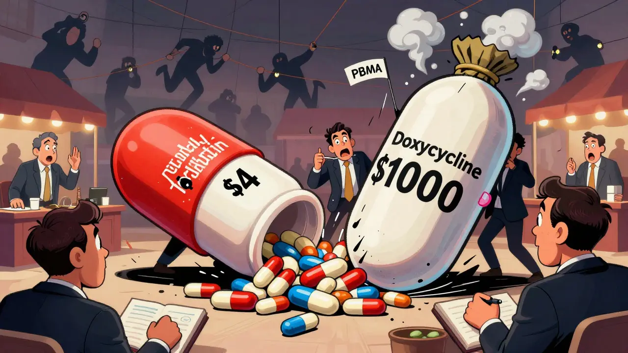 Giant generic drug pills auctioned by greedy CEOs, one crashing to , another spiking to 00, shadowy middlemen pulling strings above.