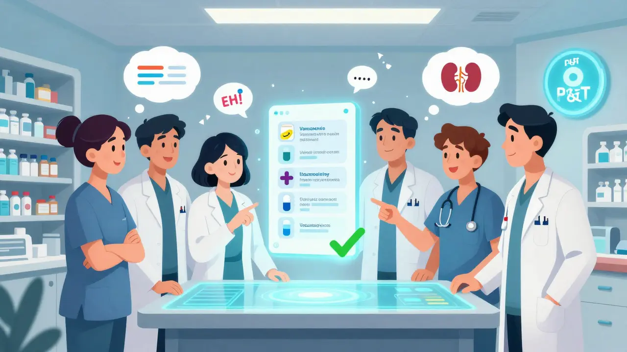 Hospital team reviewing digital drug options with clinical alerts floating around them