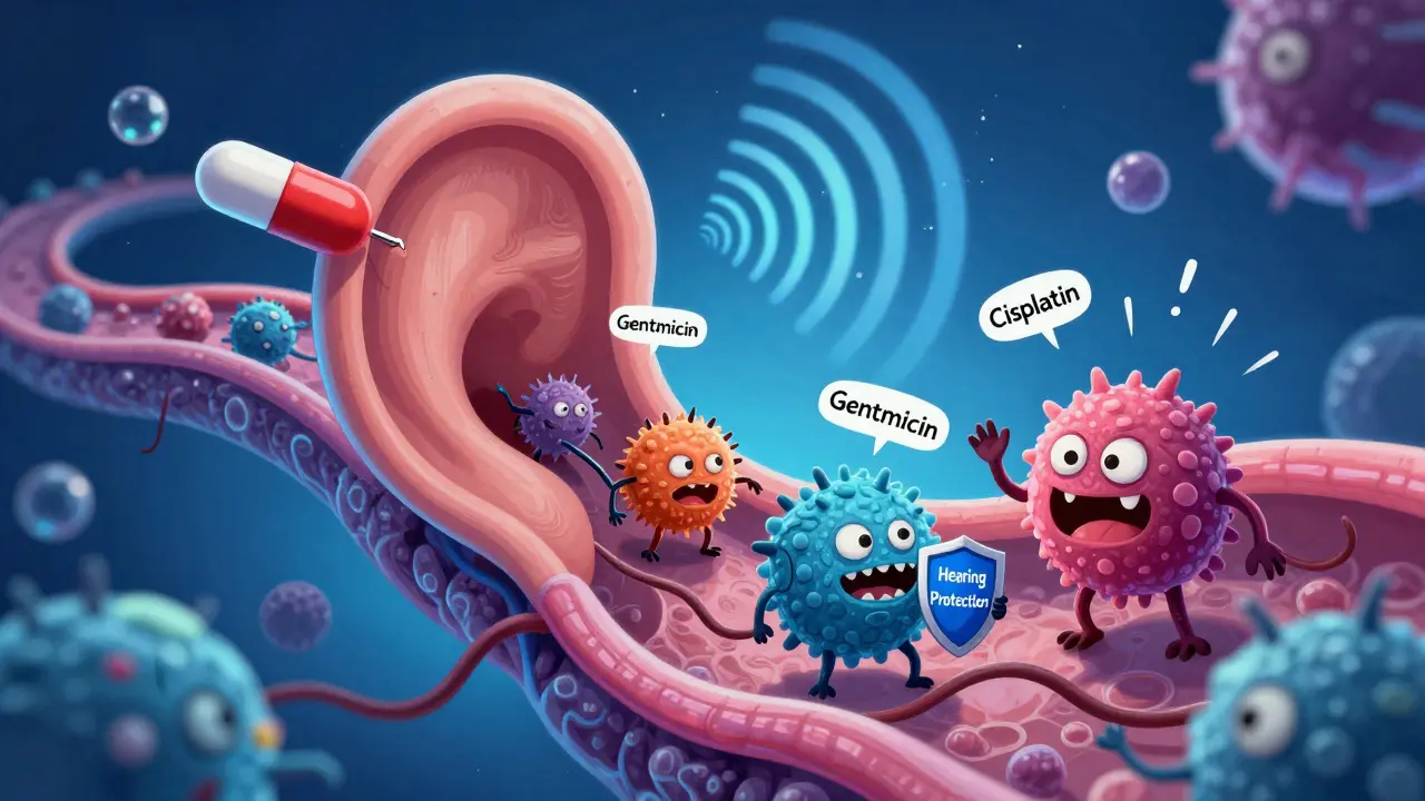 Microscopic view of inner ear hair cells under attack by pill-shaped monsters.