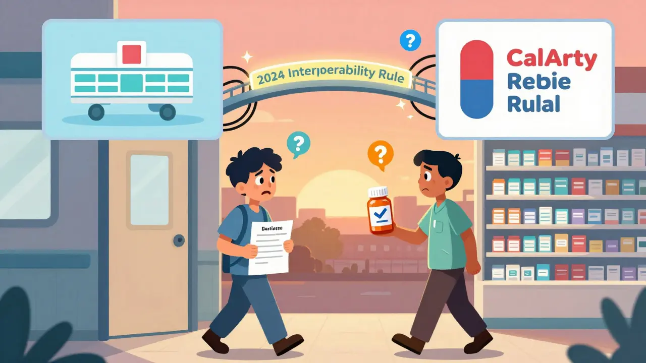 Patient walking between hospital and pharmacy as systems begin to connect with a glowing bridge