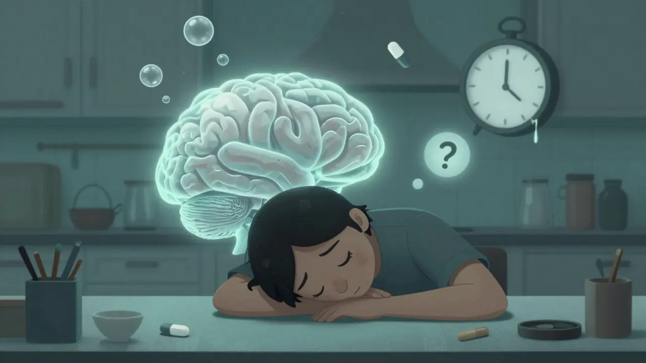 Person deeply drowsy at a table, brain submerged underwater with floating pills and slow bubbles.