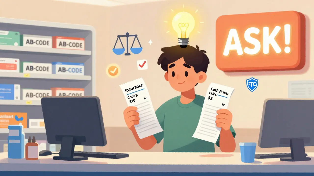 Person holding two pharmacy receipts —  copay vs  cash price — lightbulb glowing above head, AB-code labels and Walmart sign in background.