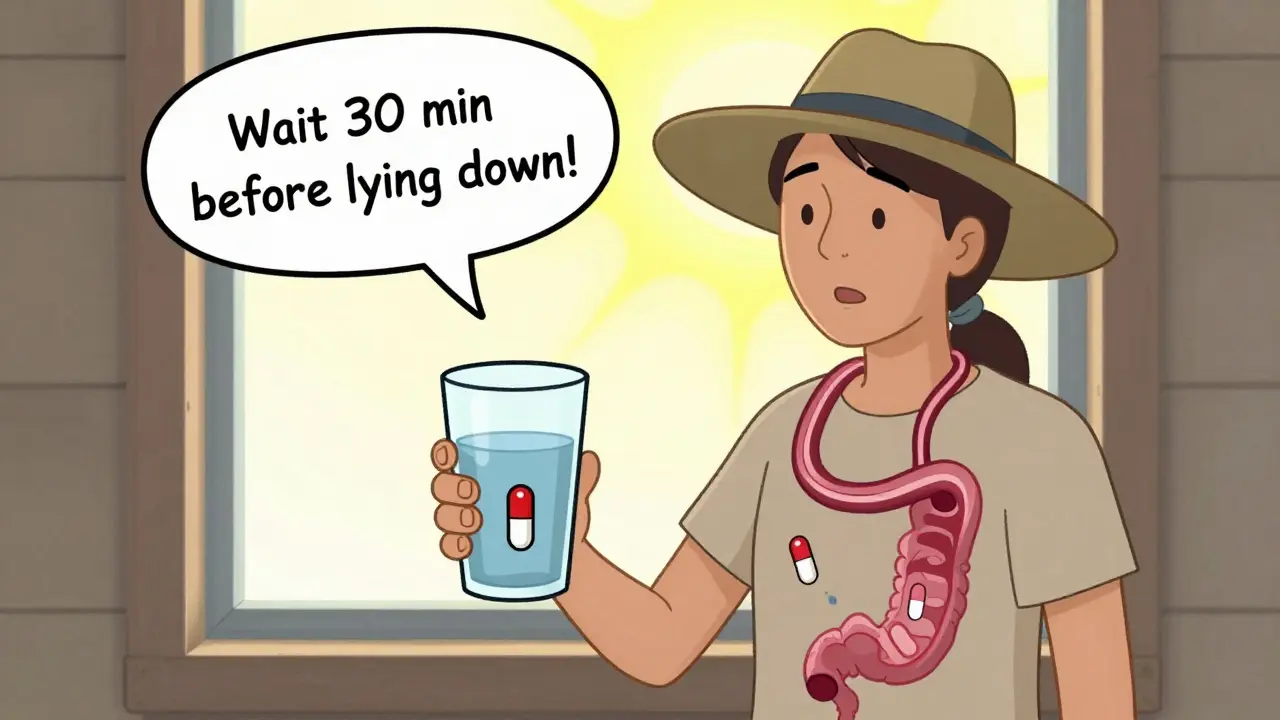 Person taking doxycycline with water and wearing sun protection.