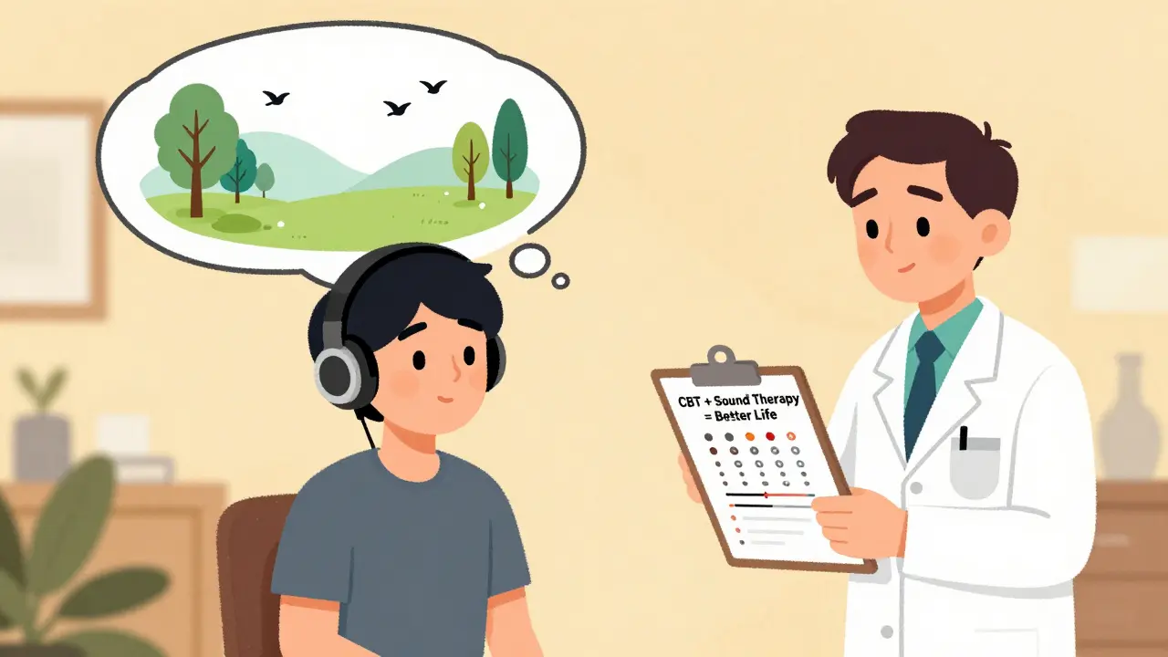 Person using sound therapy with peaceful thought bubble, doctor nearby with hearing test.