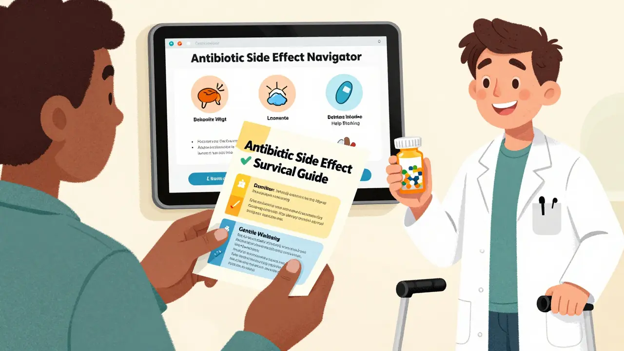 Pharmacist giving a side effect guide to a patient with a digital app visible.