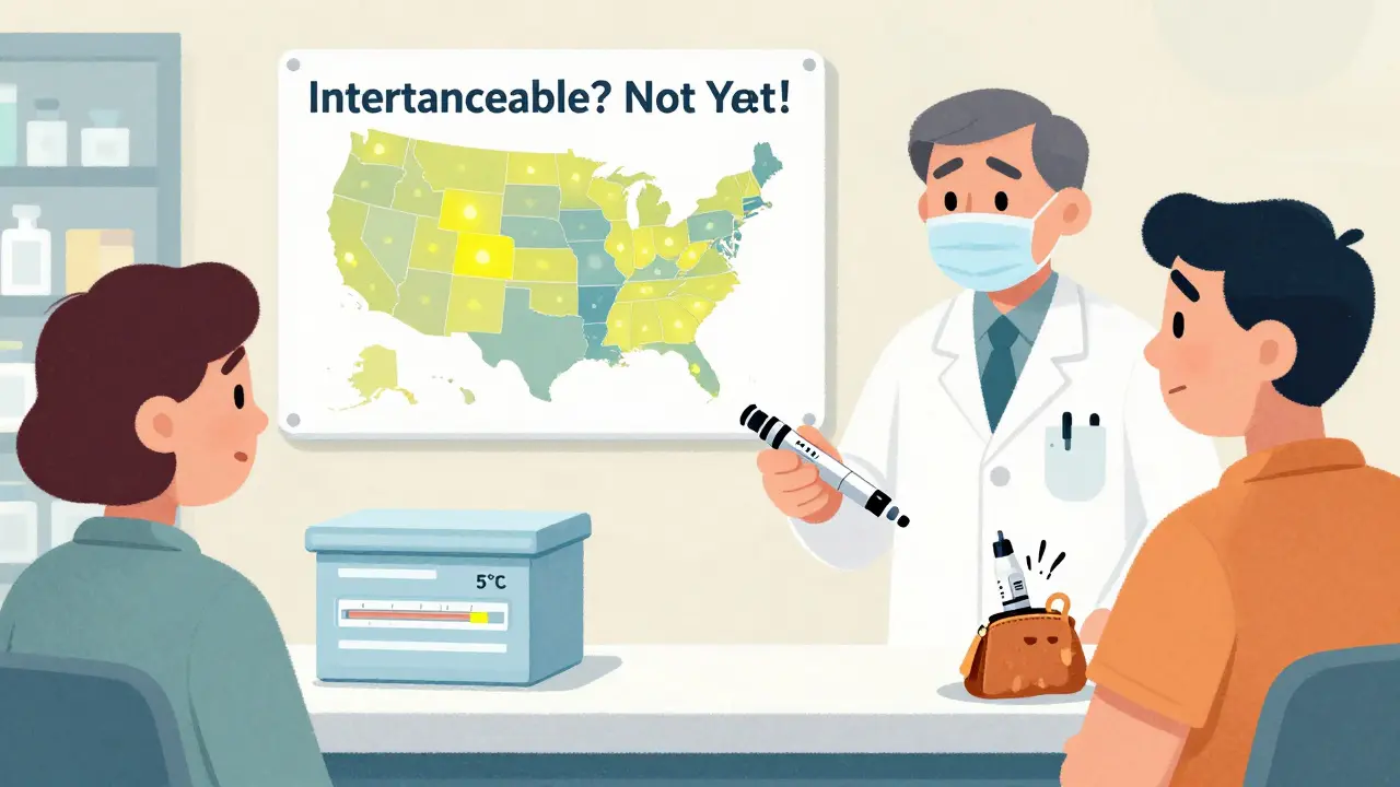 Pharmacist giving biosimilar insulin pen next to refrigerated box, same pen melting in purse.