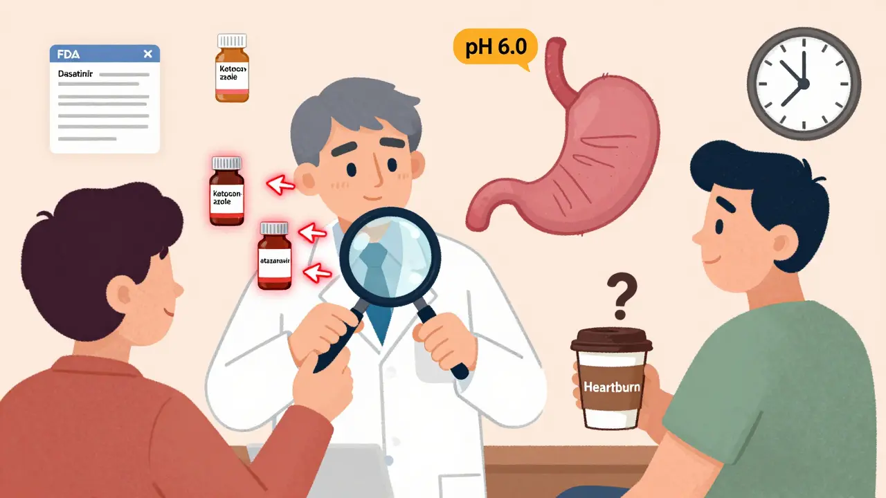 Pharmacist reviews medication chart with glowing warnings, patient holds heartburn coffee, pH sign floats above.