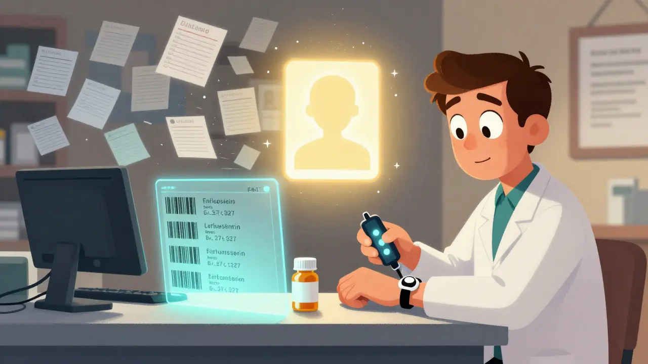 Pharmacist scans barcode to match patient wristband with medication, digital overlay confirms identity.