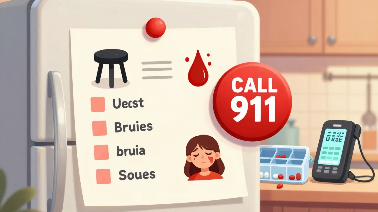Refrigerator checklist with cartoon warning signs and pill organizer, labeled 'CALL 911' button in red.