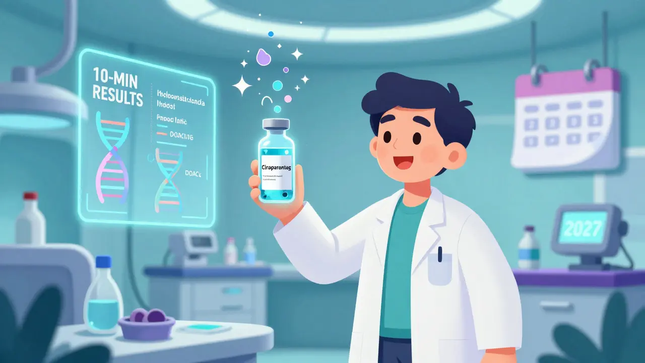 Scientist holding a universal antidote vial, with holograms of future blood thinner tests.