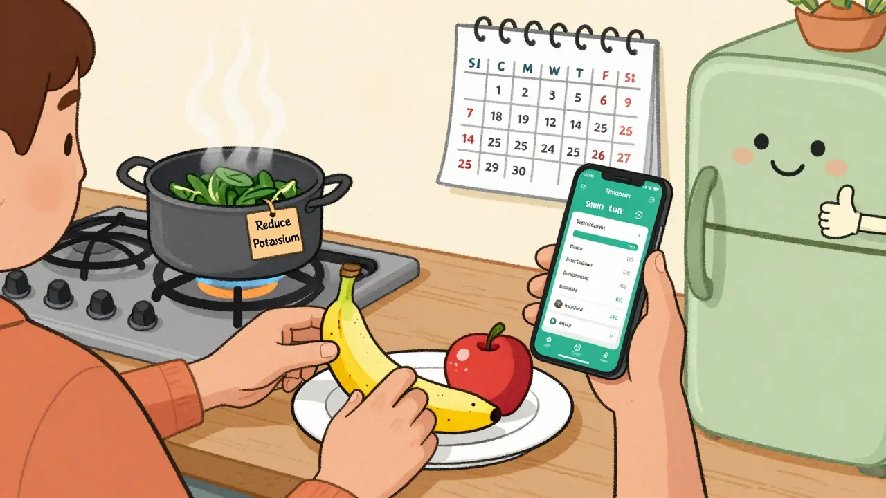 Someone swapping a banana for an apple at breakfast, using a potassium-tracking app, with steamed spinach and a test calendar in the background.