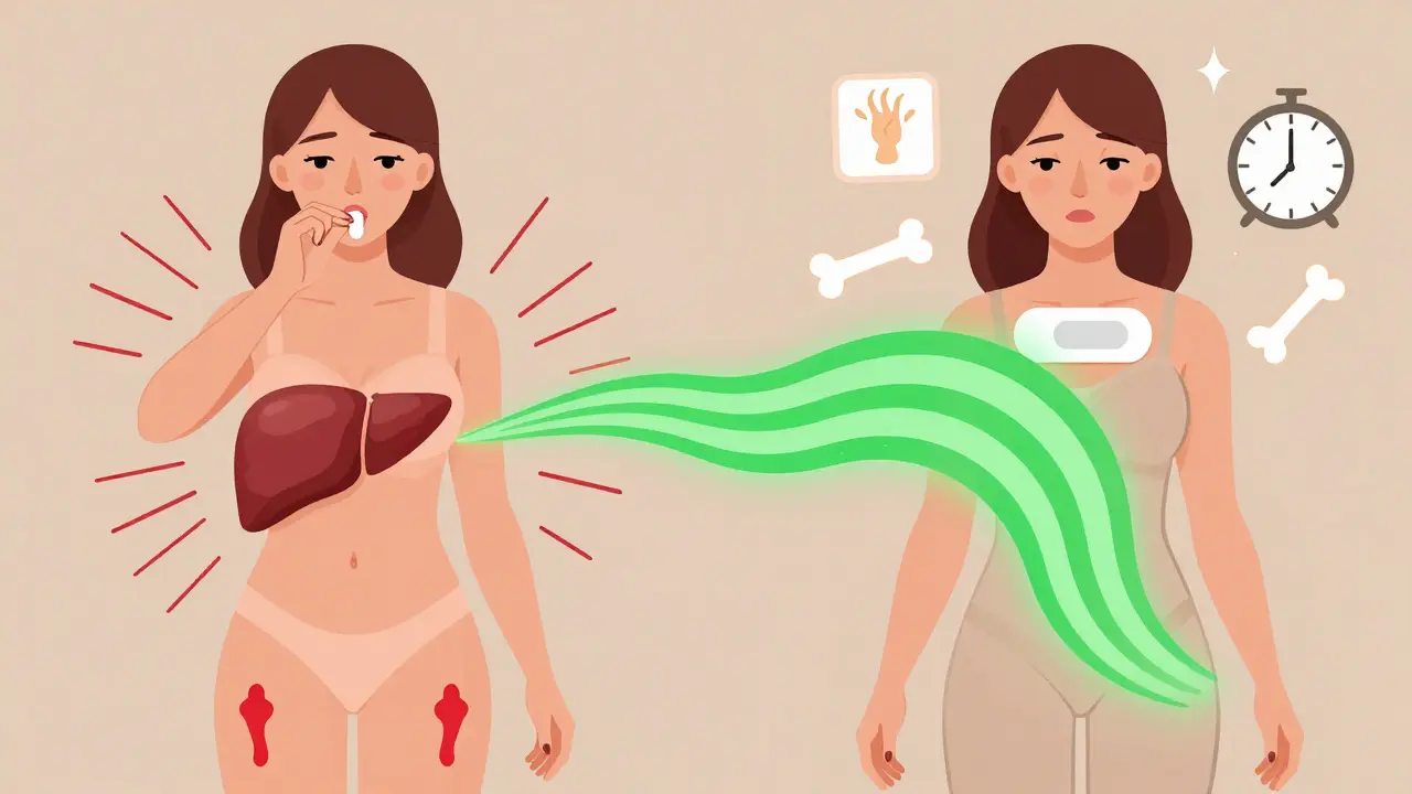 Split illustration: oral pill with blood clot warnings vs. patch with safe energy flow to bloodstream.