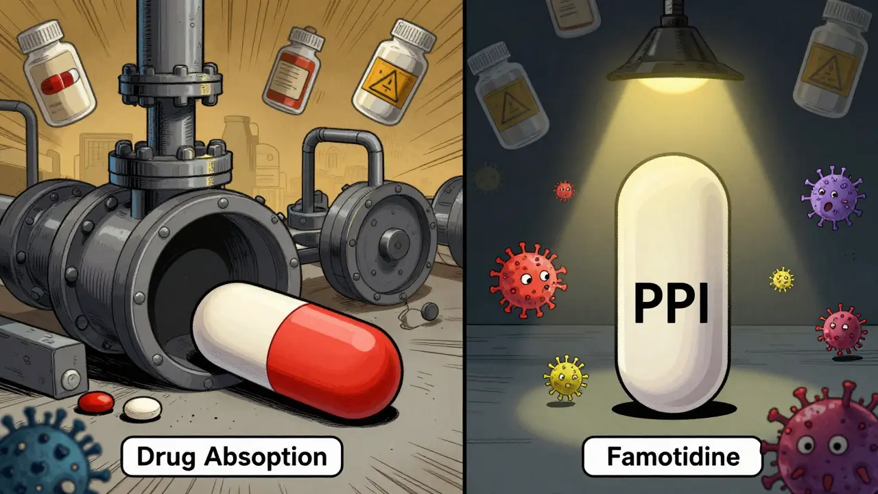 Split scene: PPI shuts down drug absorption factory while H2 blocker dims lights partially, cancer cells react differently.