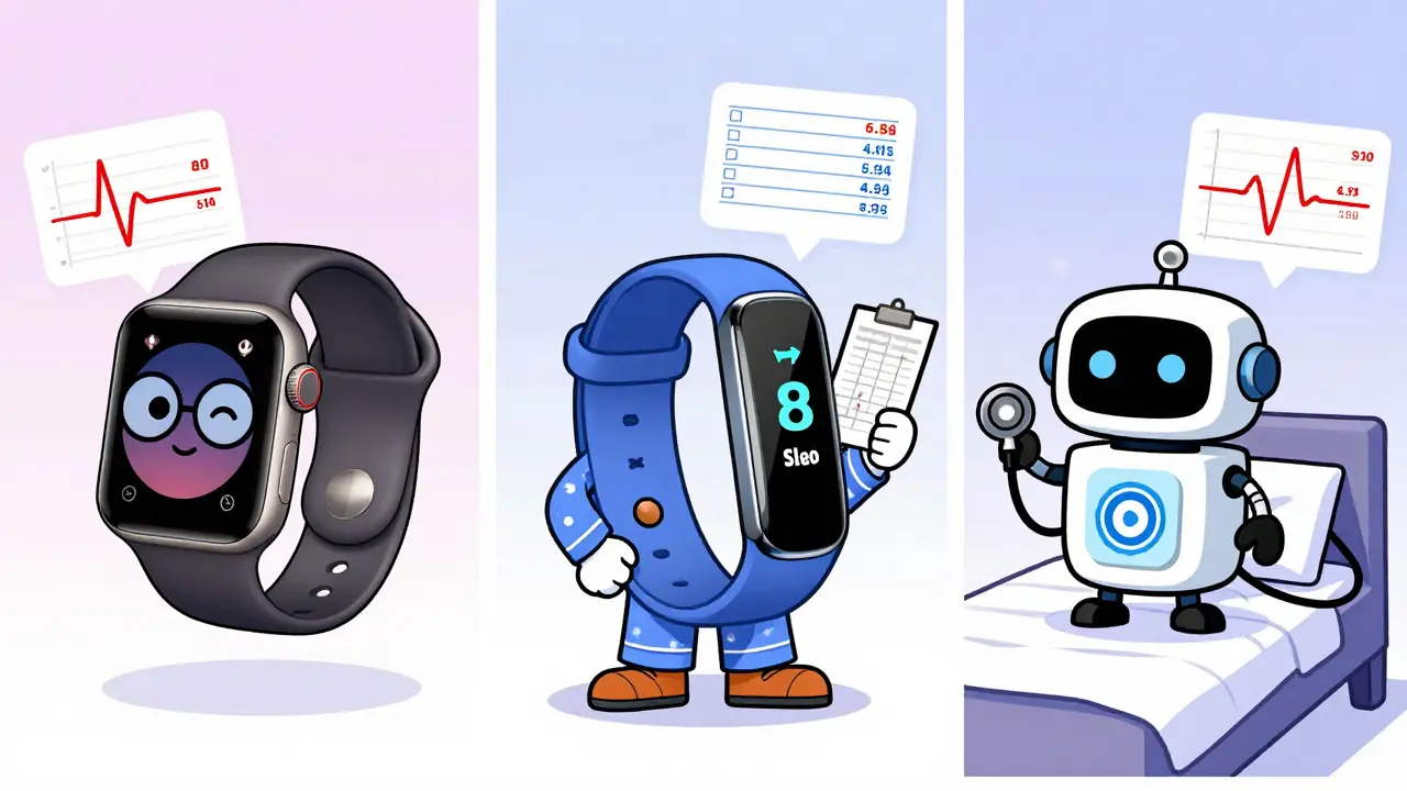 Three cartoon wearable devices with personalities, each displaying different health metrics like heart rate, sleep, and movement data.