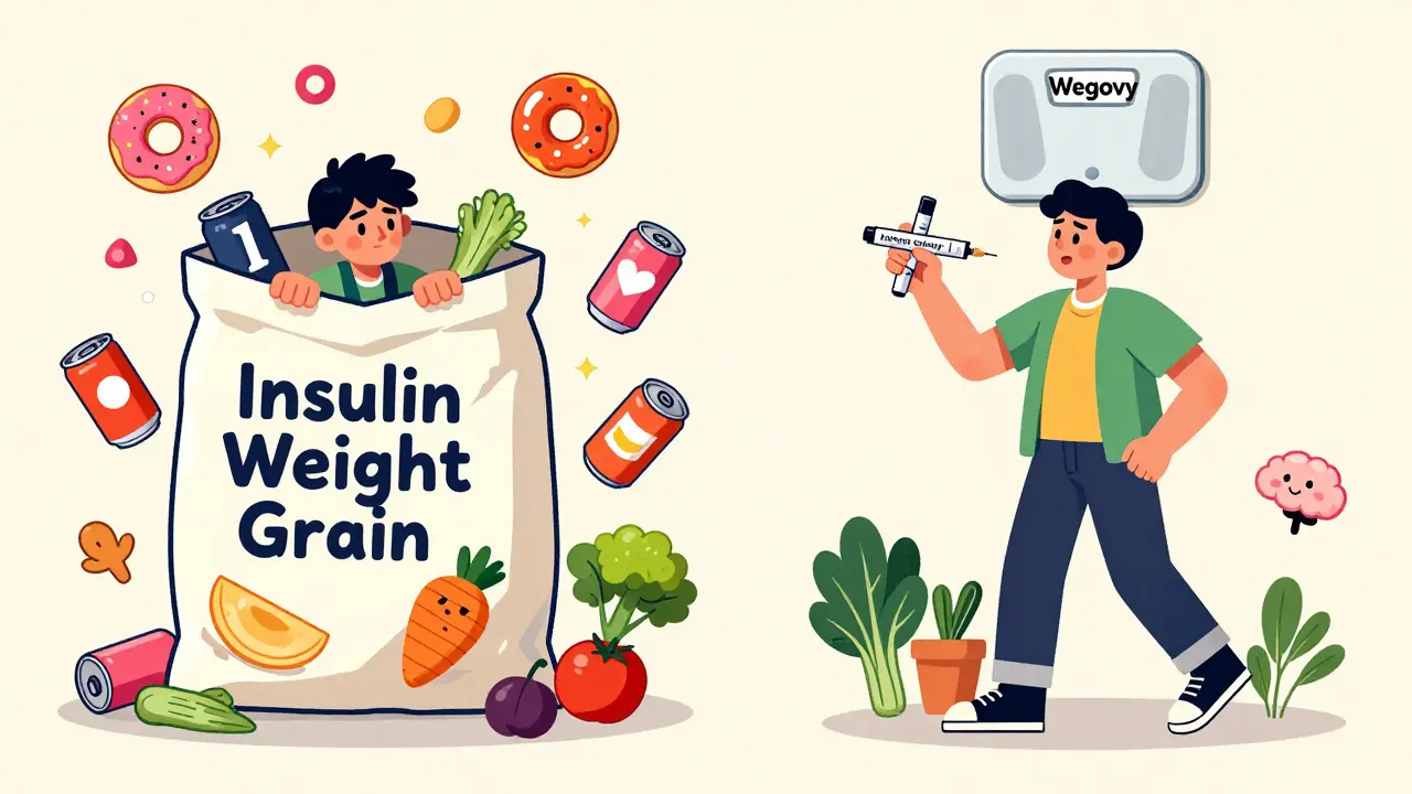 Two contrasting figures: one overwhelmed by junk food, another holding a GLP-1 injection with healthy lifestyle symbols.