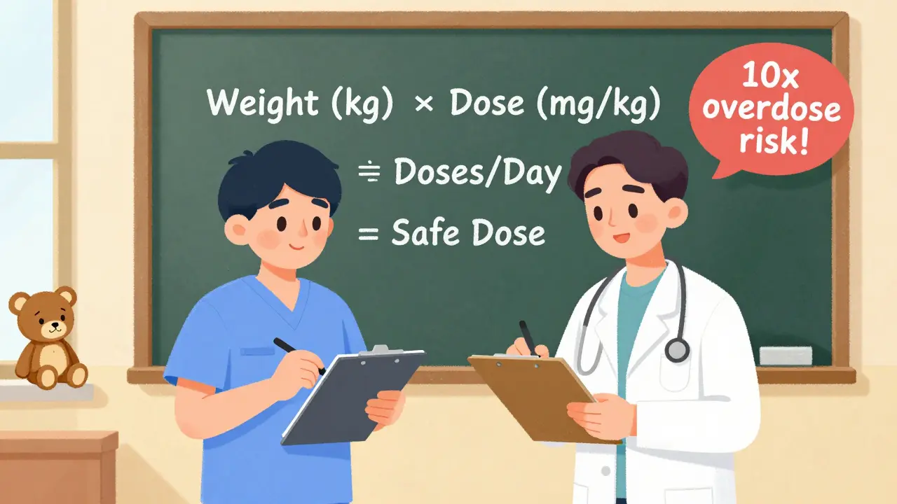 Two healthcare workers independently calculating a pediatric medication dose using clipboards and a chalkboard formula.