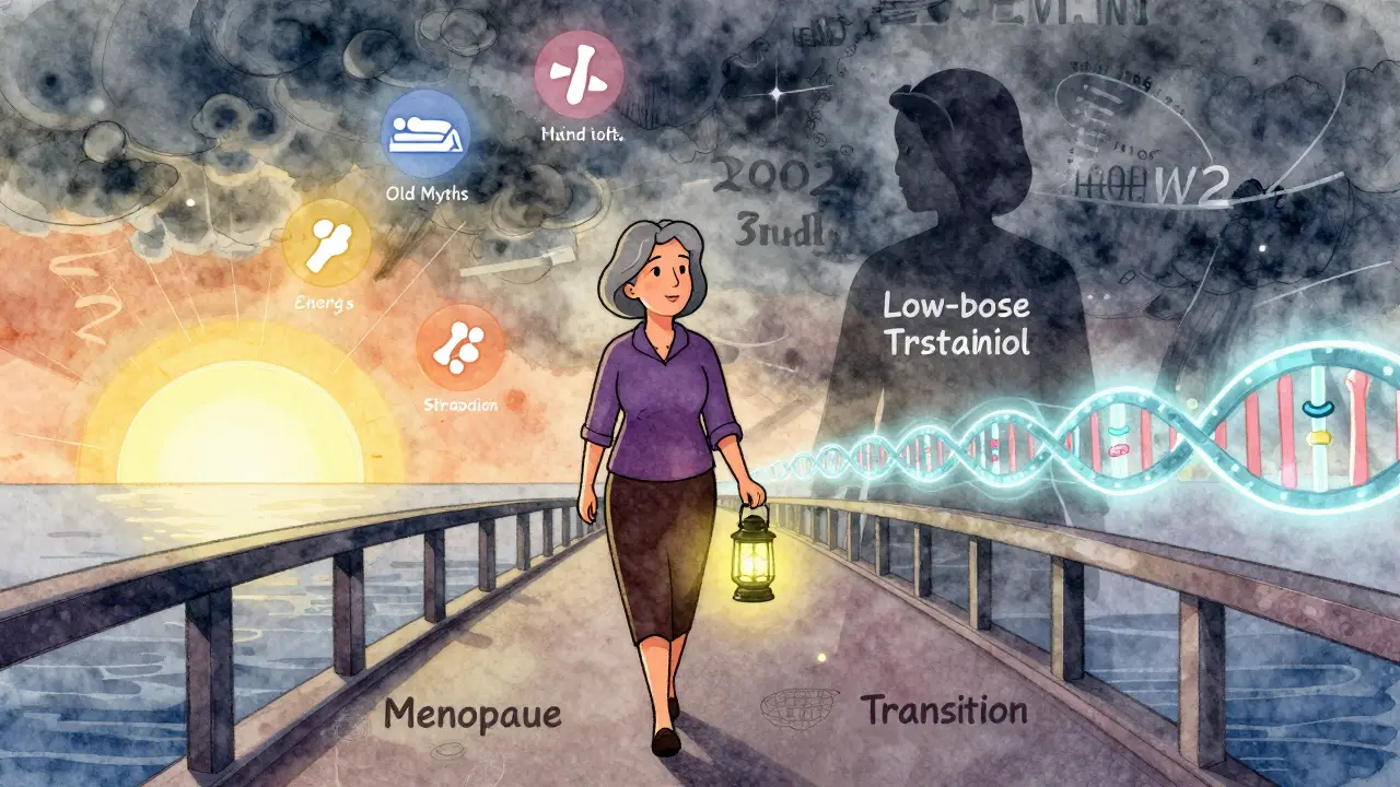 Woman walking across menopause bridge with hormone lantern, leaving old myths behind toward a healthy future.