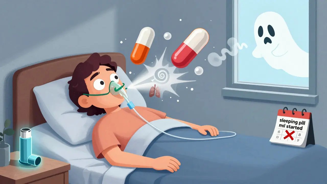 A COPD patient in bed with colliding pills causing breath to collapse.