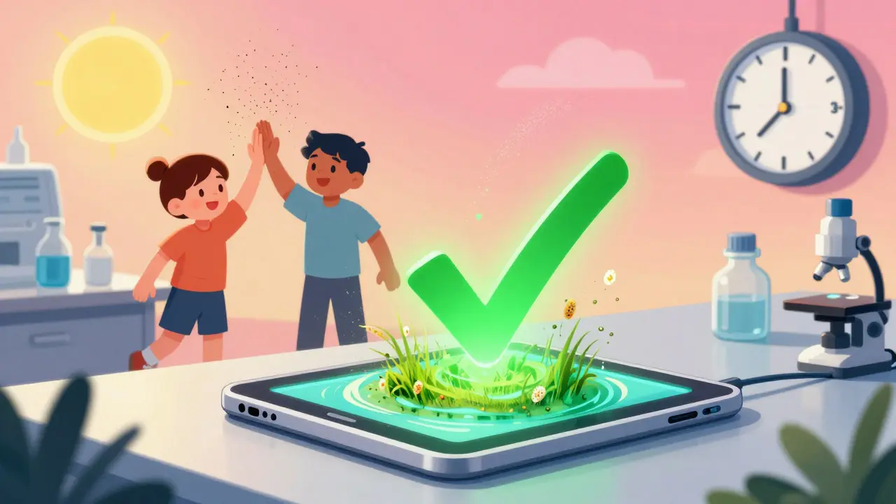 A future single tablet combining multiple allergens, with glowing particles and hopeful imagery.