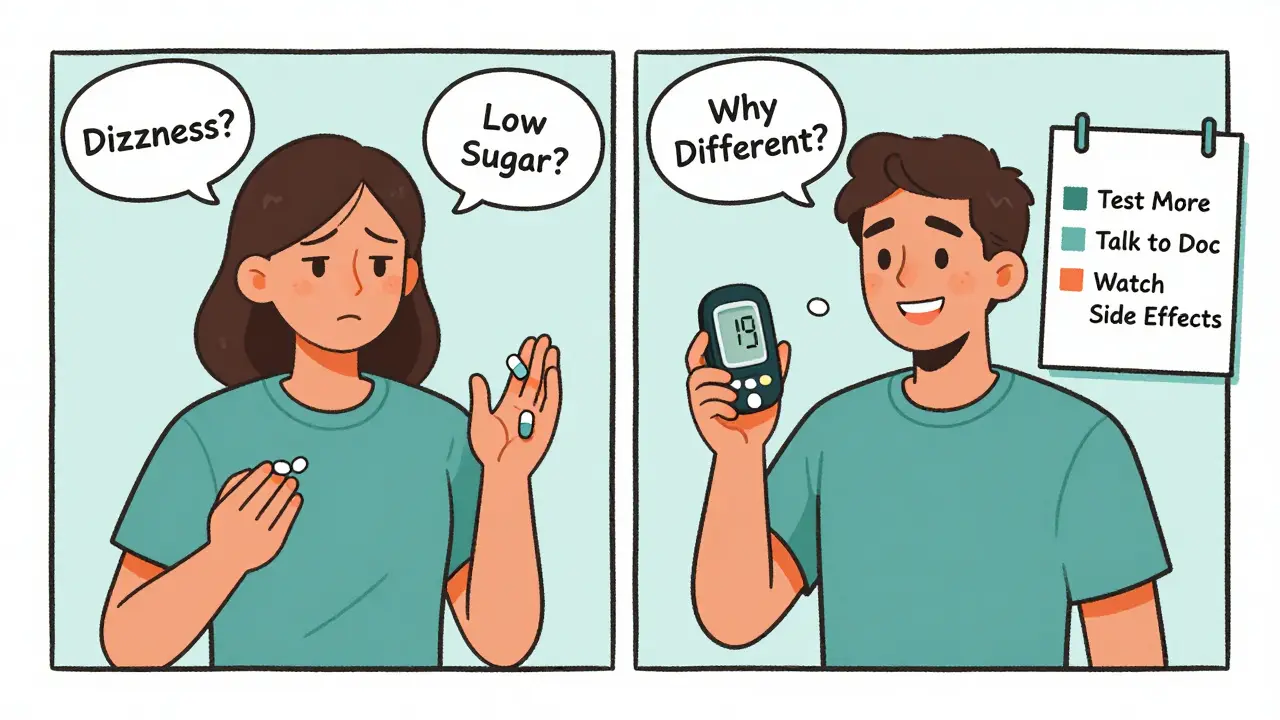 A patient checks blood sugar with thought bubbles showing concerns, contrasted with a happier version on the other side.