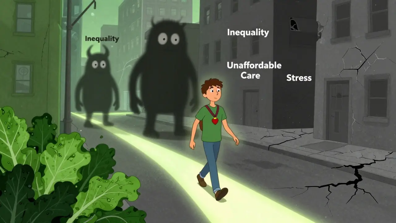 A person walking on a glowing healthy path while shadowy monsters of inequality and stress loom behind in a divided city.