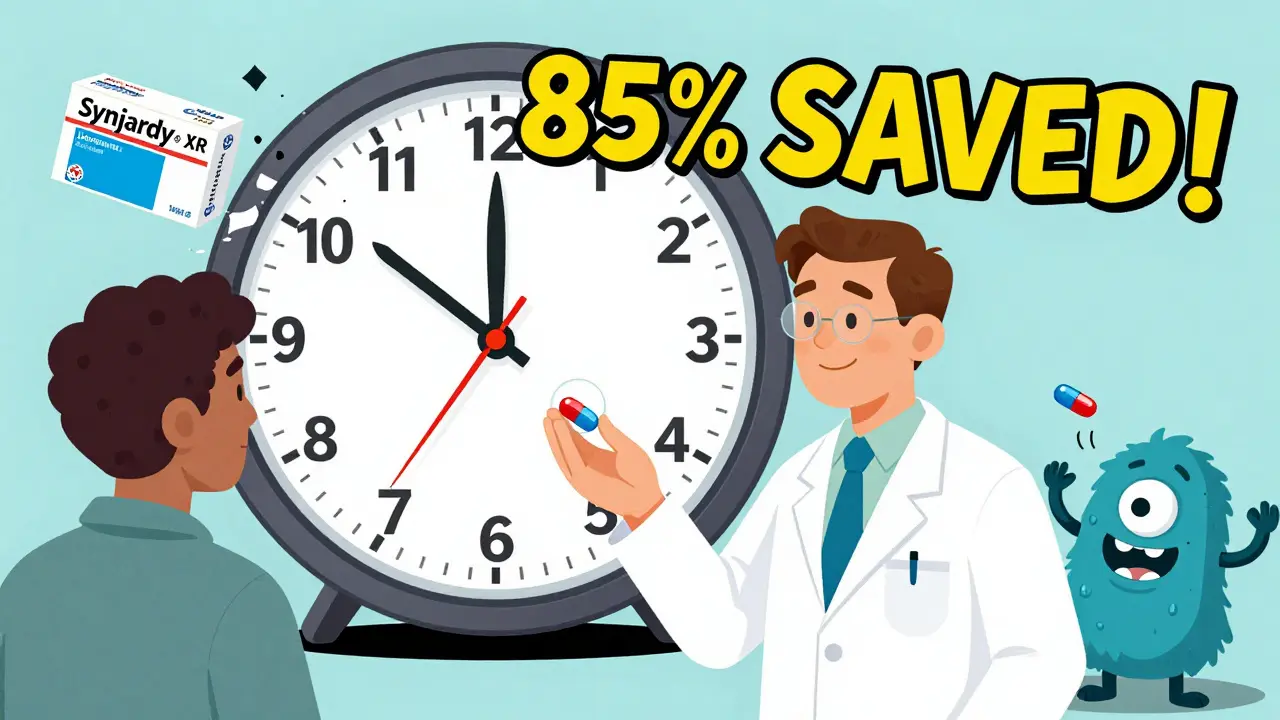 A pharmacist gives a generic pill to a patient as patent clocks crumble and brand-name drug boxes vanish.