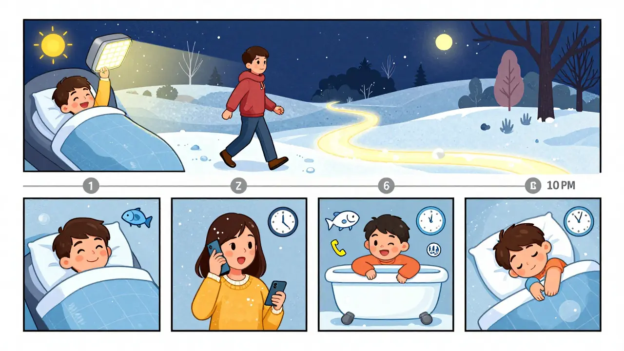 A weekly routine comic strip showing light therapy, walking, and relaxation in winter.