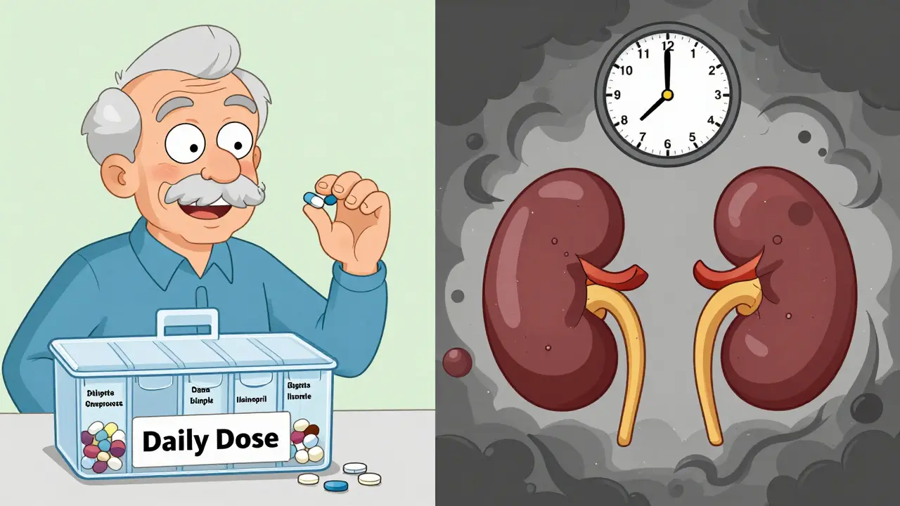 An elderly man taking multiple pills while his kidneys shrink, showing long-term drug risks in a stylized way.