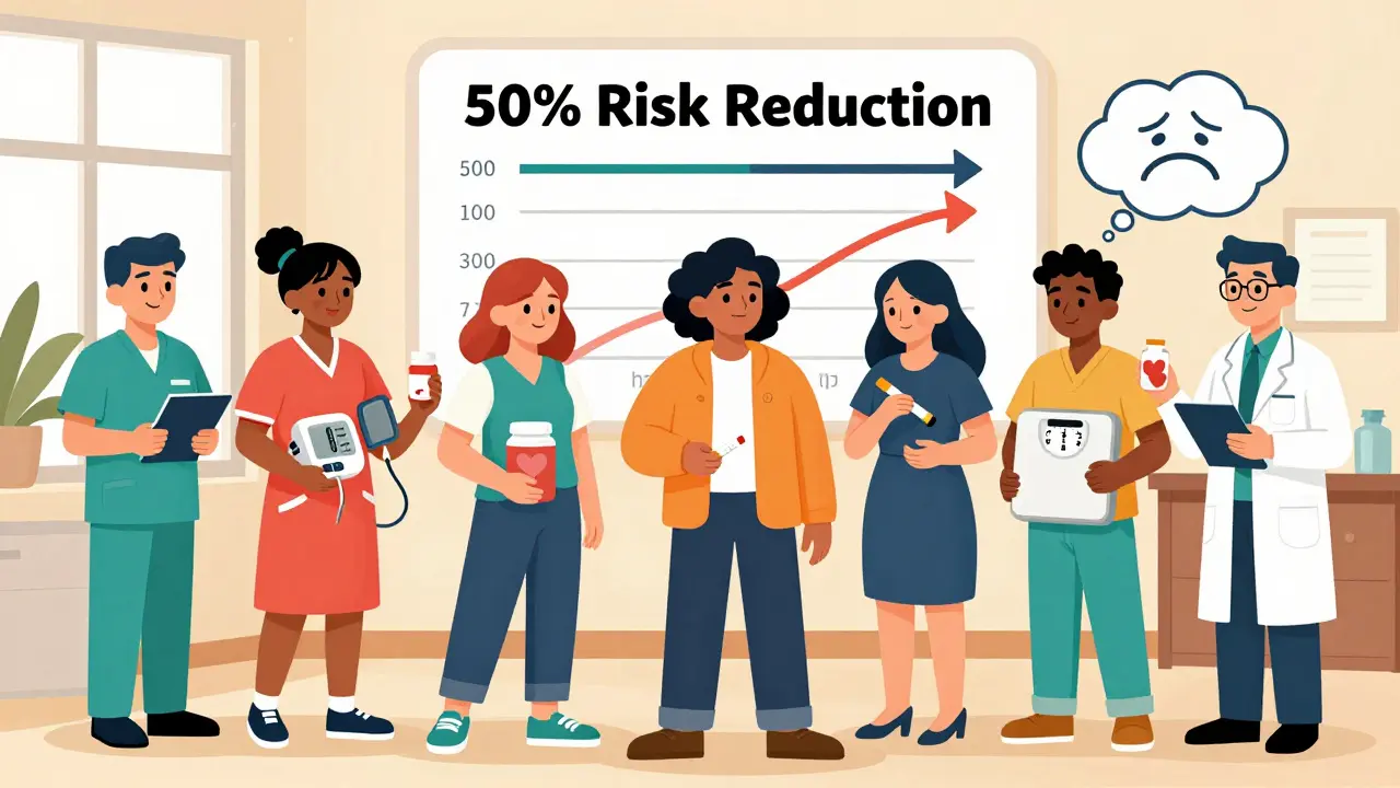 Diverse people in a clinic holding CVD risk factors, with a chart showing reduced risk, nurses handing out heart-shaped medicine.