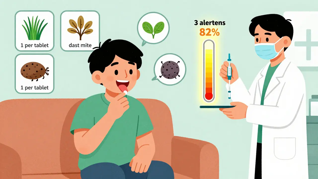 One tablet for one allergen vs. one shot for multiple allergens, shown in CalArts cartoon style.