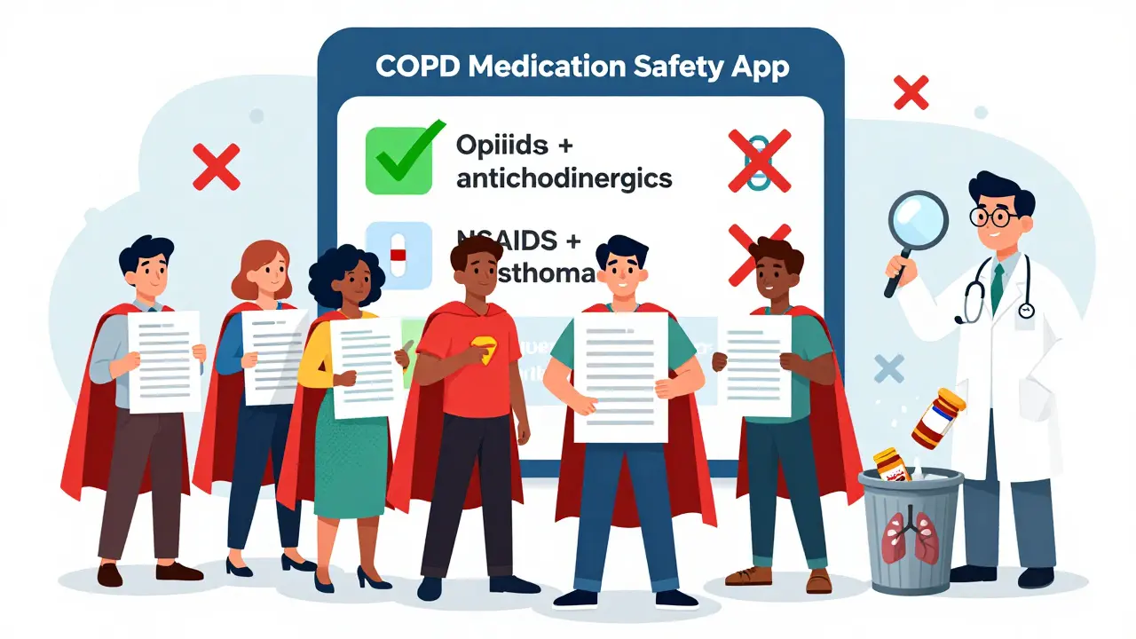 Patients holding medication lists while a safety app displays green checkmarks.