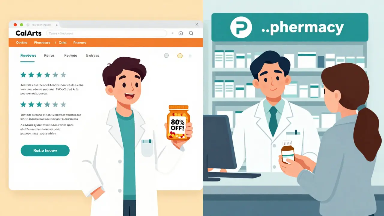 Split scene: fake online pharmacy vs. legitimate pharmacy with verified .pharmacy badge and licensed pharmacist.