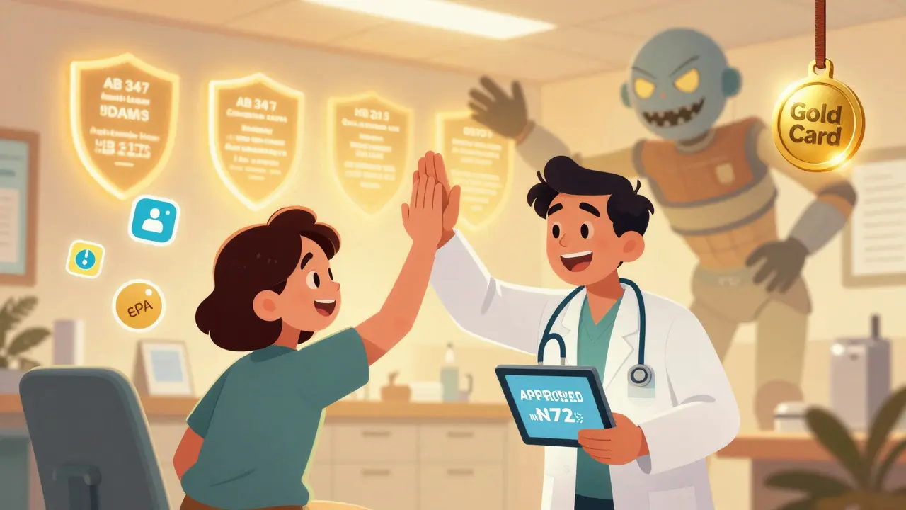 A doctor and patient celebrating an approved prescription with state laws glowing behind them.