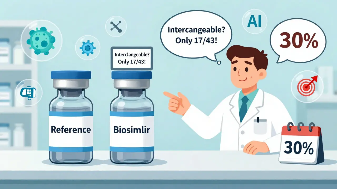 A pharmacist at a counter choosing between reference and biosimilar vials, with interchangeability status displayed.