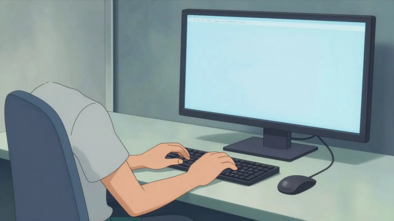 Desk setup showing monitor height and neutral hand position.