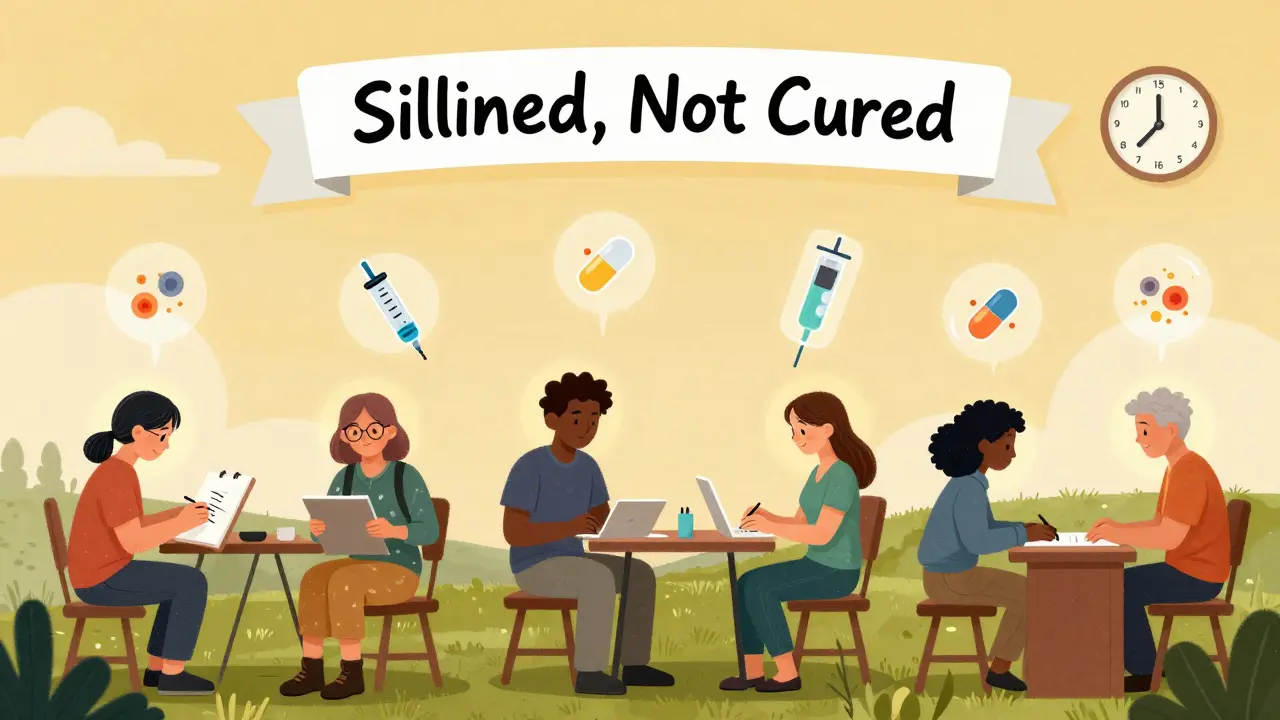 Diverse patients in daily life with glowing auras of remission, biologic icons floating above quiet joints.