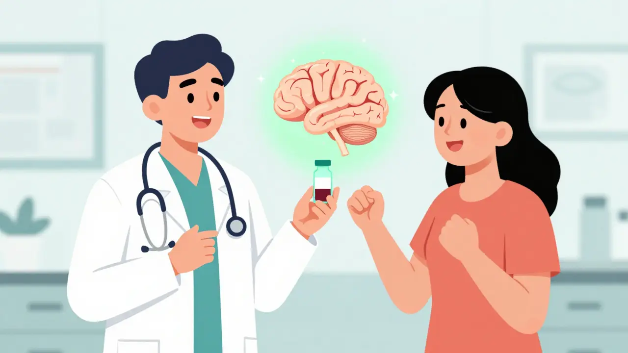 Doctor and patient examining a glowing brain model and blood vial together.