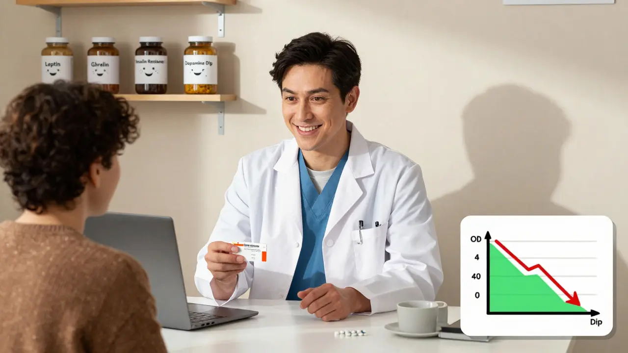 Doctor handing metformin prescription while cartoon body chemistry labels float in the background, patient standing taller.