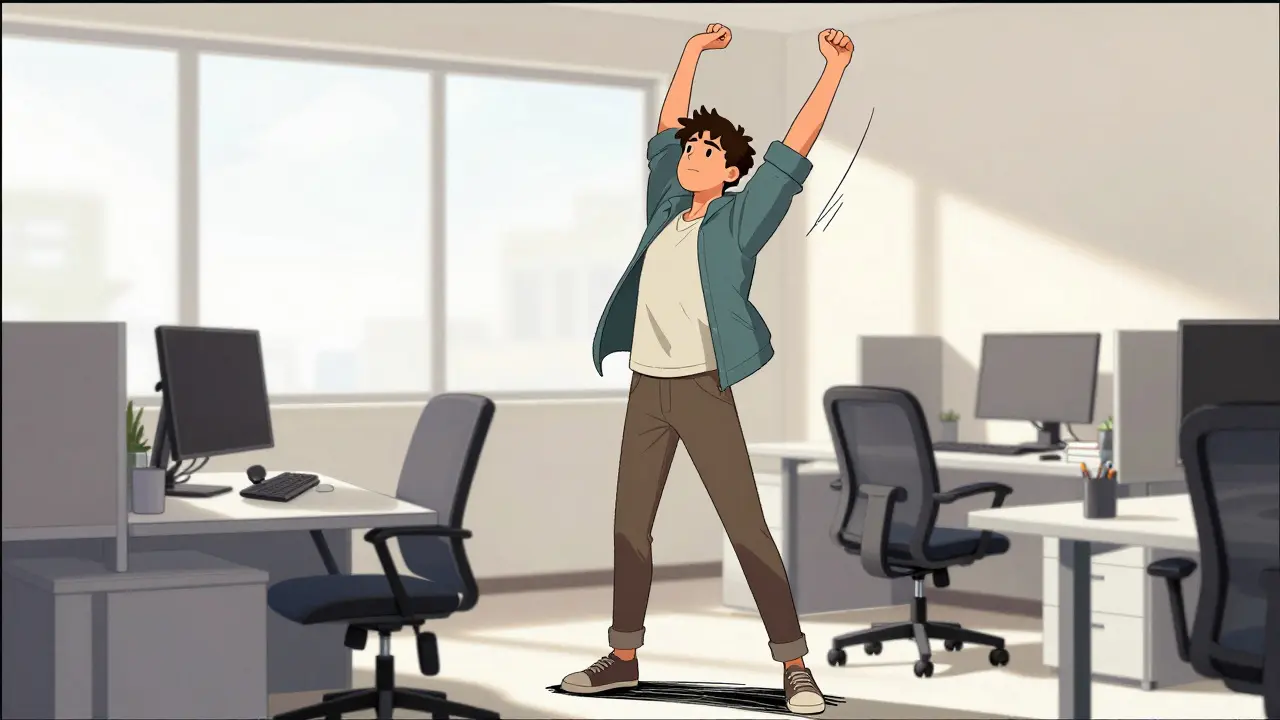 Employee stretching during a workday break near desk.