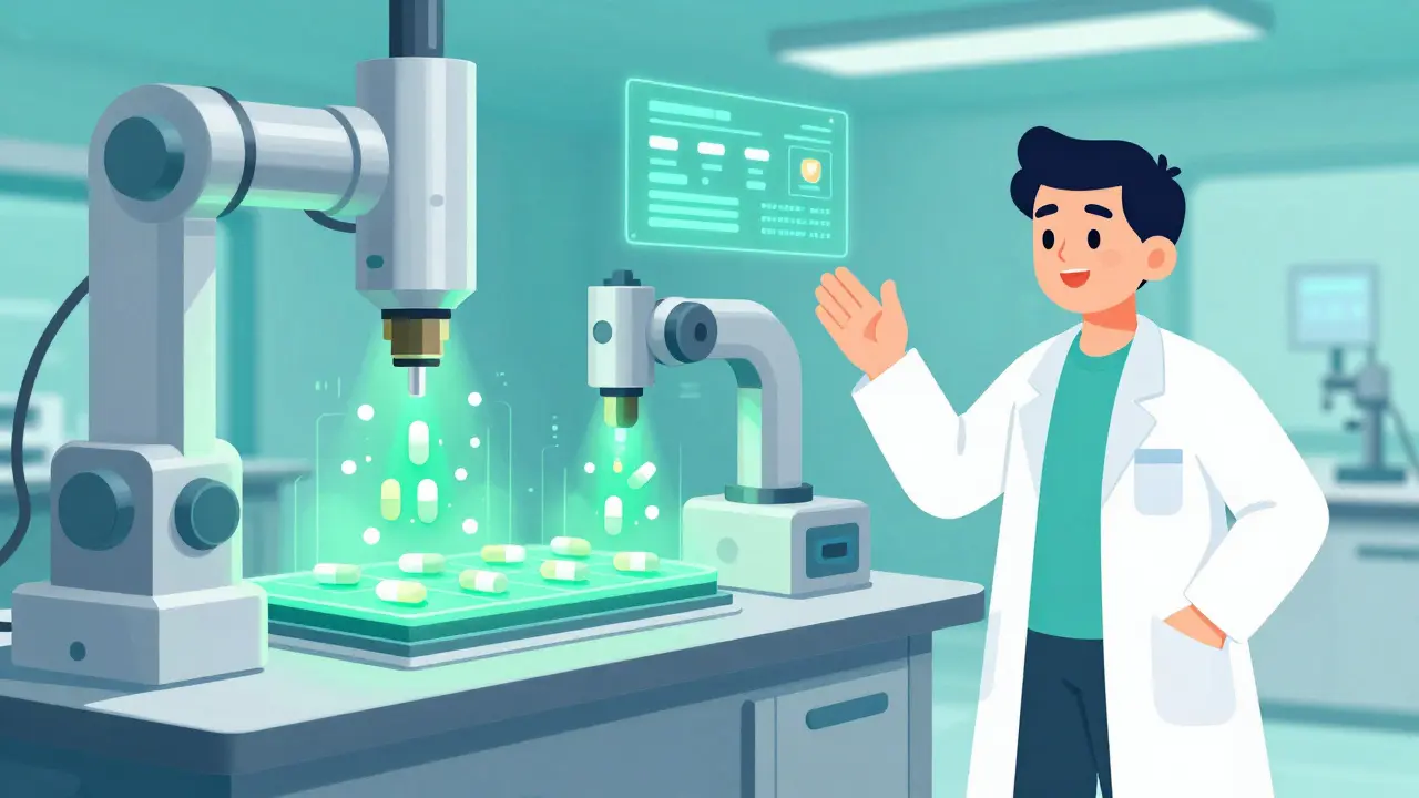 Futuristic lab with automated quality control machines.