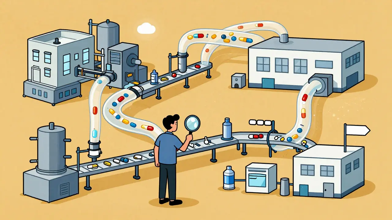 Pills traveling through disconnected factory zones.