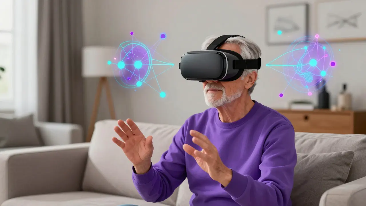 Senior person wearing a VR headset surrounded by colorful digital neural nodes.