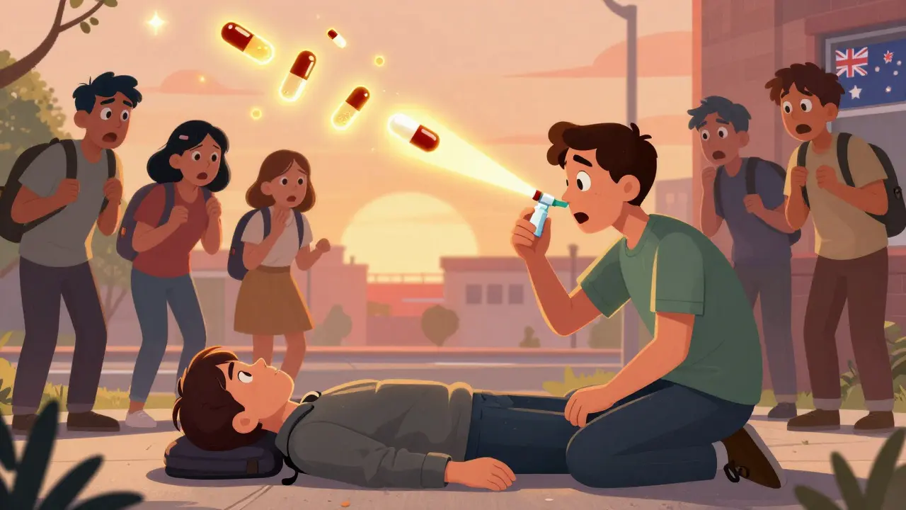 Someone uses Narcan nasal spray on a person overdosing on opioids, with bystanders watching as fentanyl pills glow in the air.