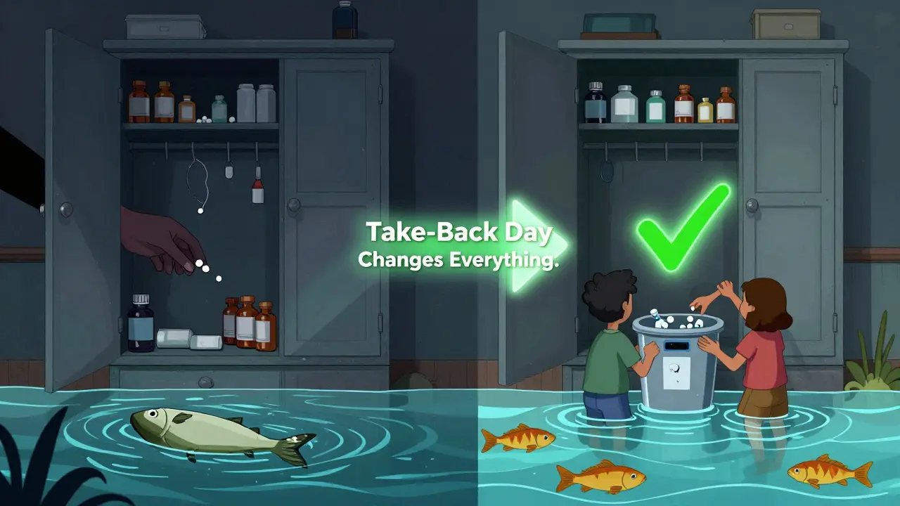 Split image: cluttered medicine cabinet vs. clean cabinet with family safely disposing of drugs.