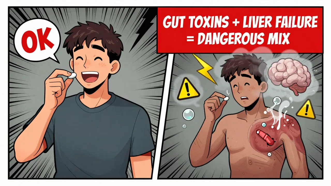 Split scene: healthy person taking opioid vs. person with liver disease facing danger symbols.