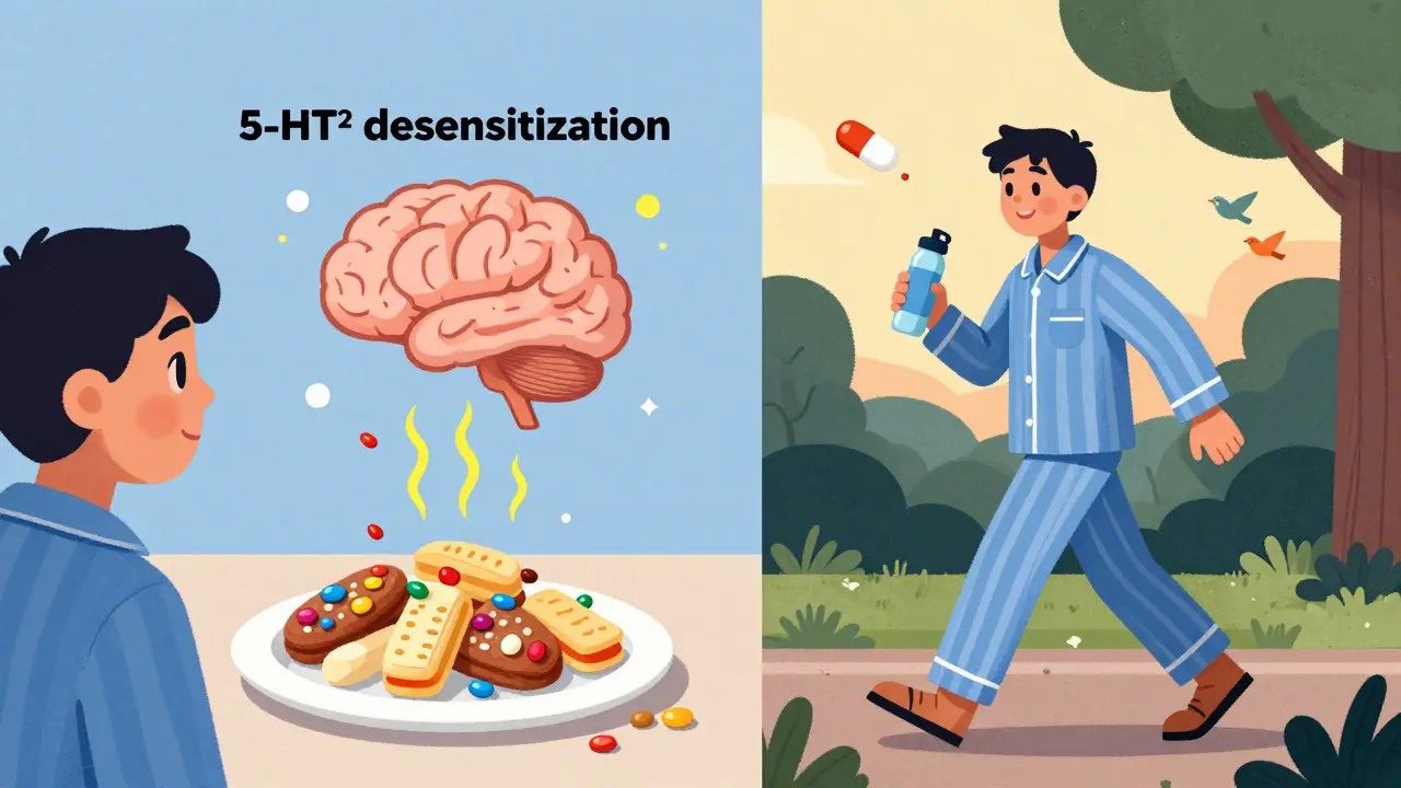 Split scene: one side shows brain cravings for carbs, the other shows a person walking happily with a bupropion pill above them.