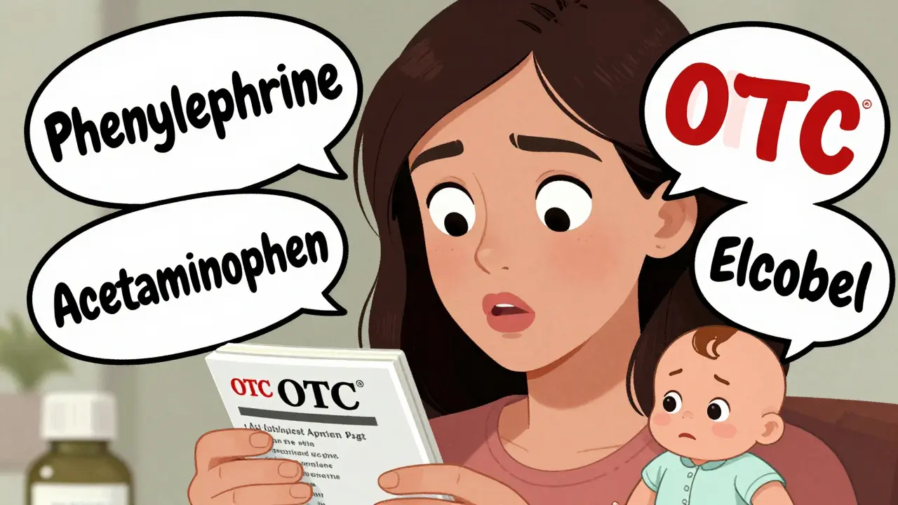 Woman reading OTC label as hidden ingredients float around her, baby peeking from bottle in CalArts cartoon style.